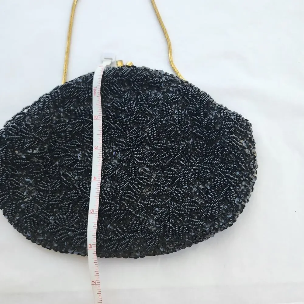 All Over Beaded Clutch Evening Bag Black Satin Vintage Handmade‎ In Hong Kong